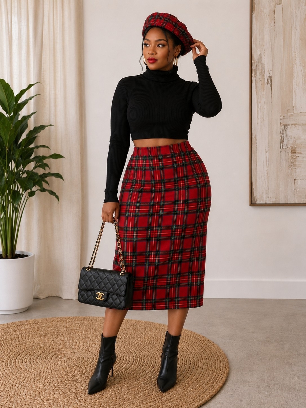 Plaid Red Pencil Midi Skirt